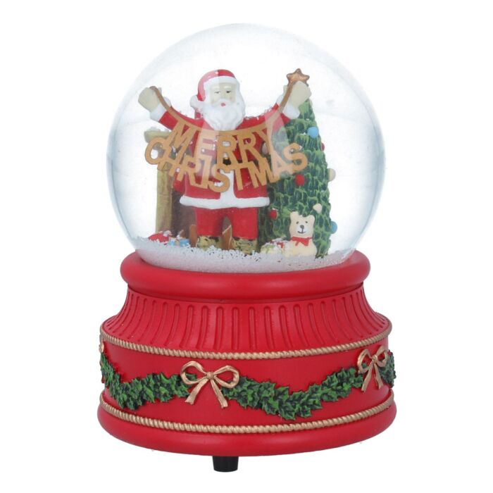 Gisela Graham Santa with Merry Christmas Garland - Resin Musical Snow Globe 15cm